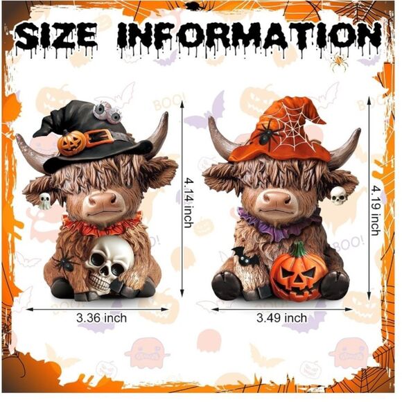 💎2 Pcs Highland Cow Figurines Halloween Pumpkin Skull Spider Highland Cow - Picture 3 of 4